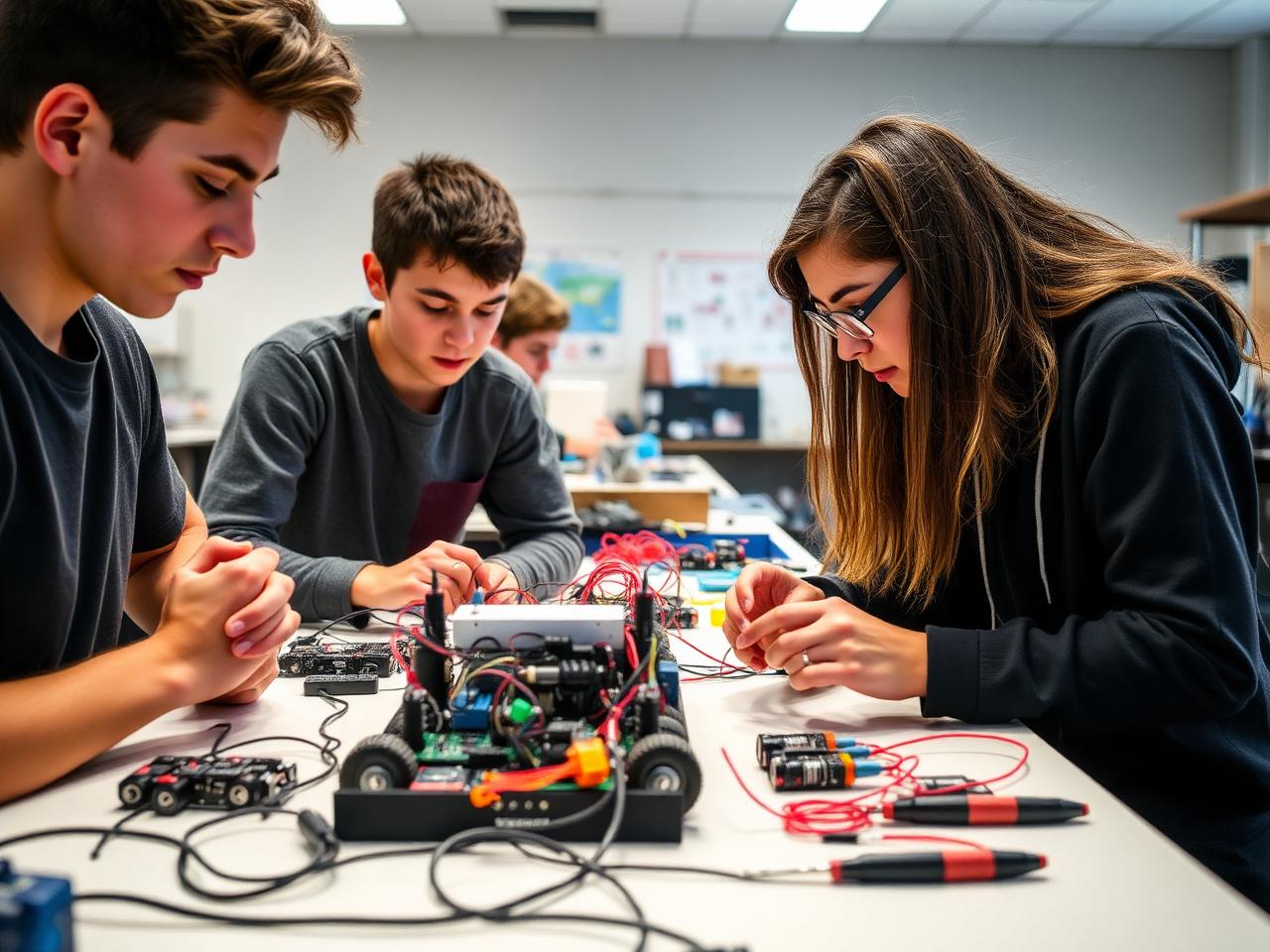 Students building a robotics prototype with electronics at a workbench