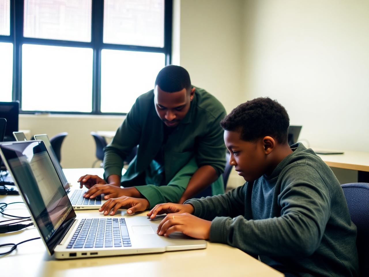 A mentor helping a young student write code on a laptop