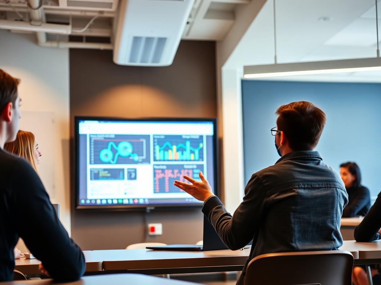 A student presenting a data and AI project on a large screen to peers and a mentor